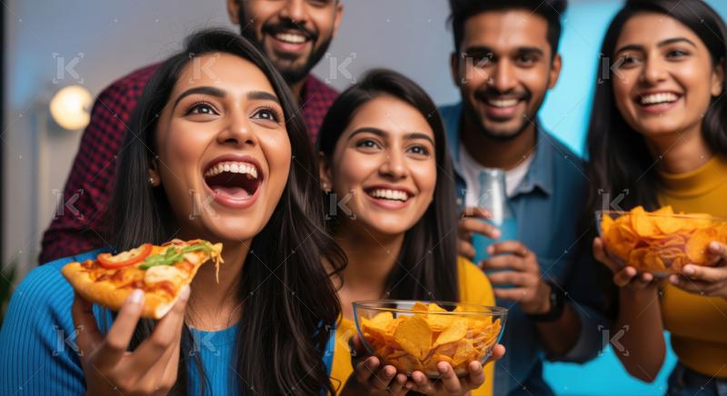 Happy Indian friends sharing pizza and chips, enjoying time together.