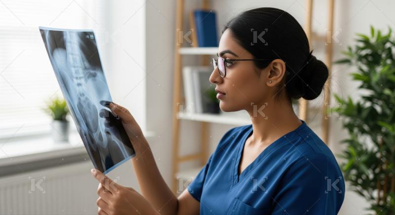 Young Indian doctor meticulously examining medical X-ray results.