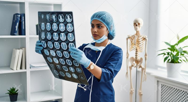Young female doctor intently examines a brain MRI scan in clinic.