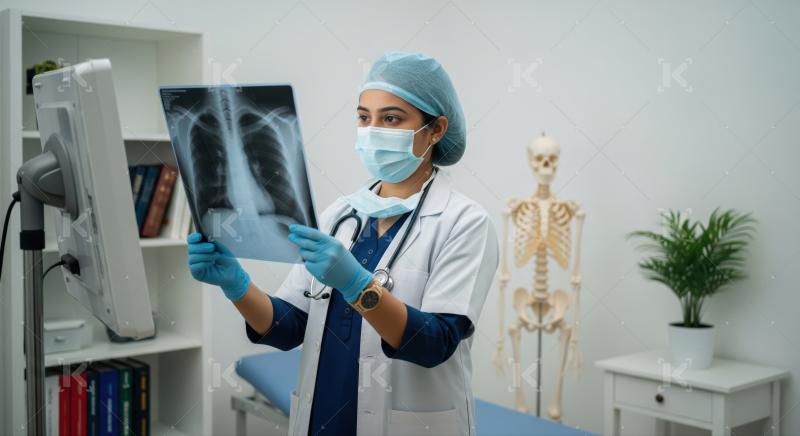 Medical professional carefully analyzing a chest X-ray for diagnosis.