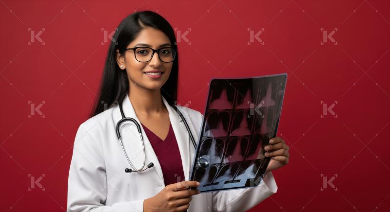 Professional young doctor examines medical X-ray film, confident expression.