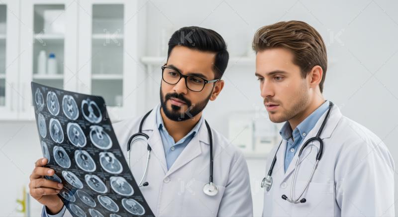 Two doctors meticulously analyzing brain scan results for crucial diagnosis.