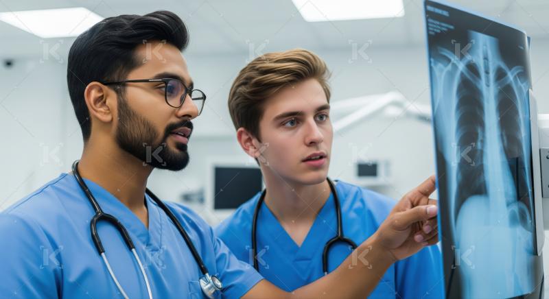 Two doctors carefully review a patient's chest X-ray film.