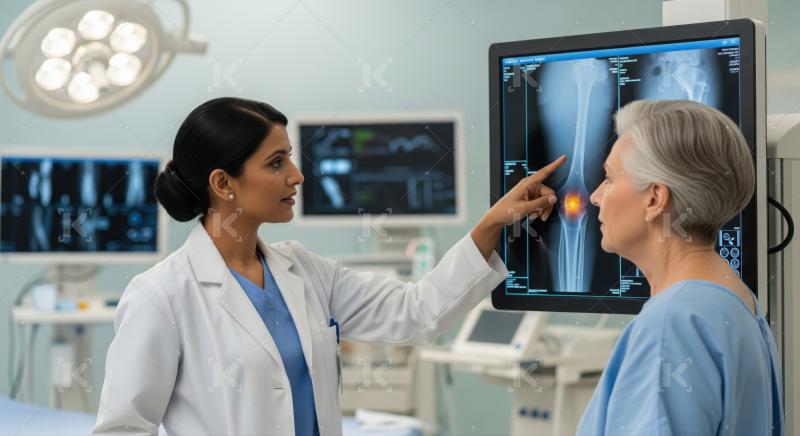 Medical professional discusses leg pain with elderly woman using diagnostic X-ray.