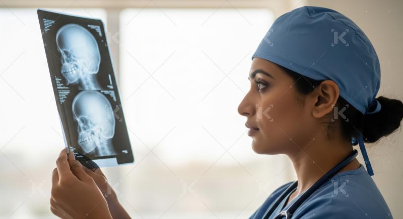 Diligent medical professional scrutinizes skull X-ray for accurate diagnosis.