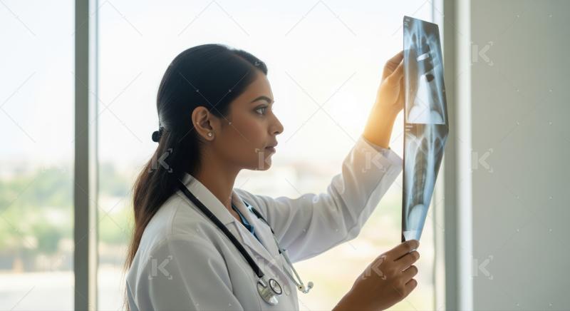 Physician intently reviews lung radiograph in bright medical office setting.