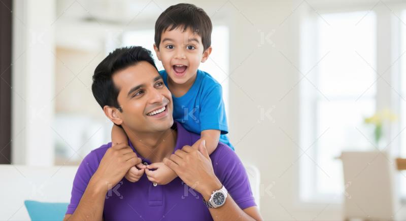 Joyful Indian father and son share happy family moments indoors.