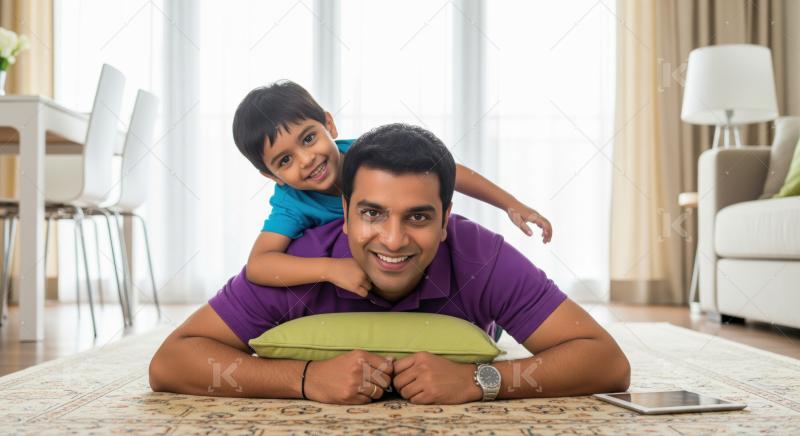 Father and son share a joyful bonding moment smiling happily.