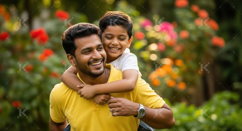 Father and son sharing a happy piggyback ride outdoors together.