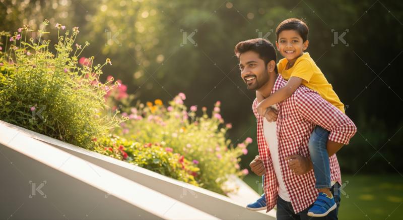 Loving Indian father and son enjoying a joyous outdoor family moment.