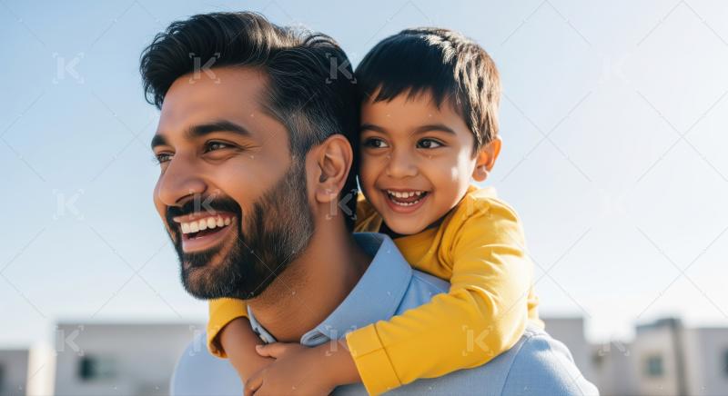 Smiling father and son enjoying a joyful piggyback ride together.