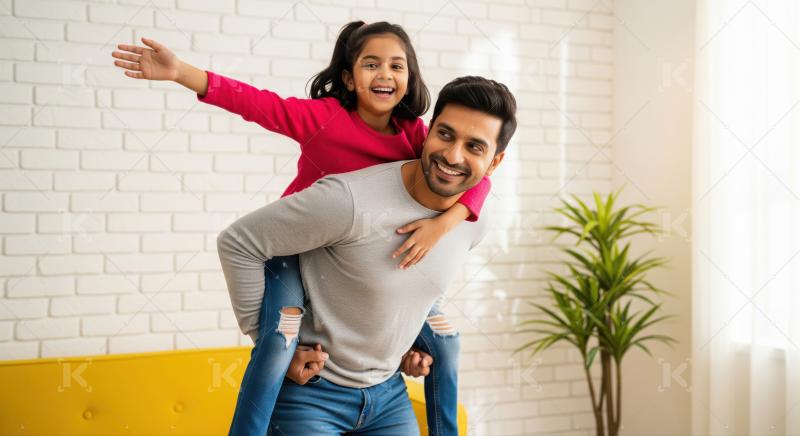 Cheerful Indian family enjoys playful piggyback ride indoors.