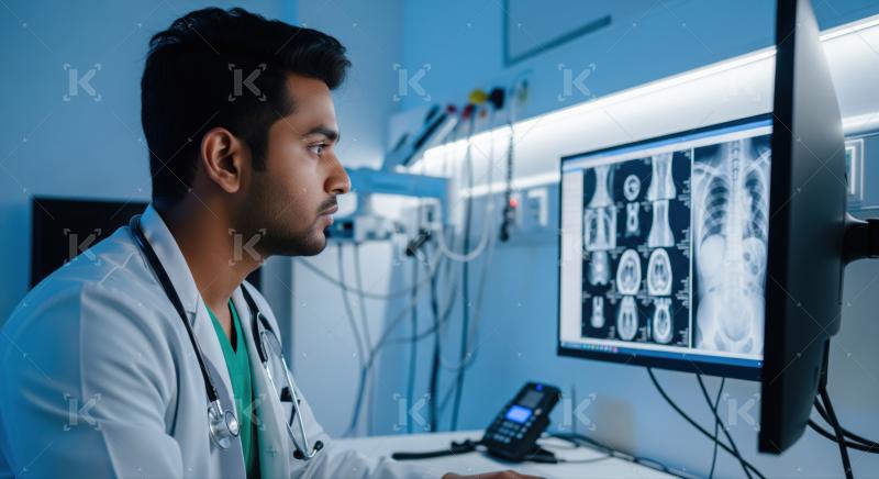 Focused doctor reviews patient X-rays, CT scans on computer.