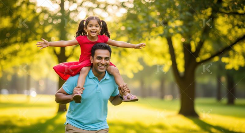 Smiling dad and daughter enjoy playful moment in park.