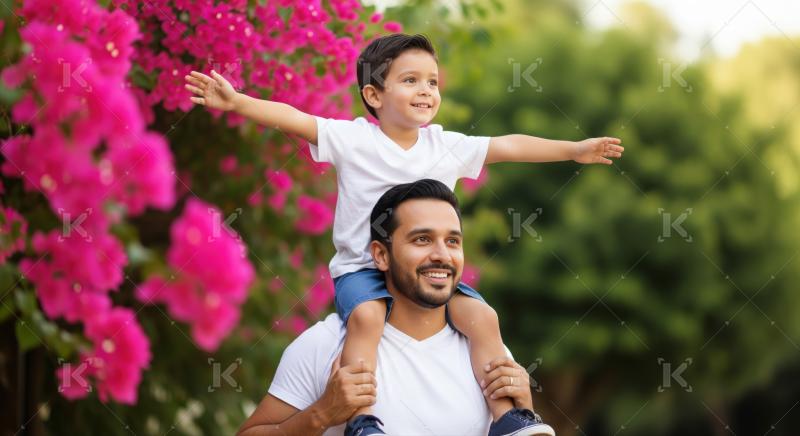 Loving dad gives son shoulder ride, creating happy memories.