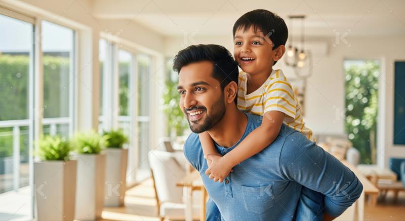 Happy Indian father son bonding with piggyback ride indoors.