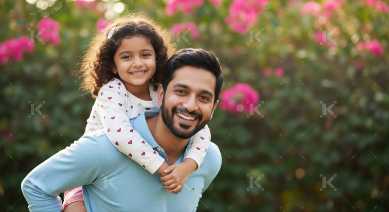 Joyful Indian father and daughter enjoying a piggyback ride outdoors.