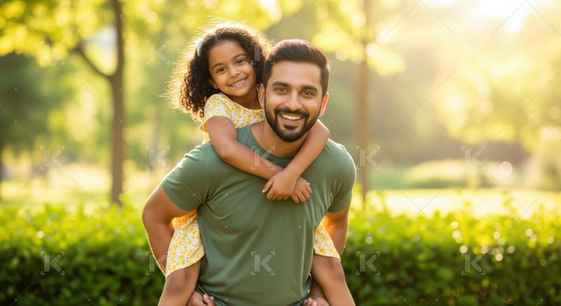 Loving Indian dad giving cheerful daughter piggyback ride outdoors.