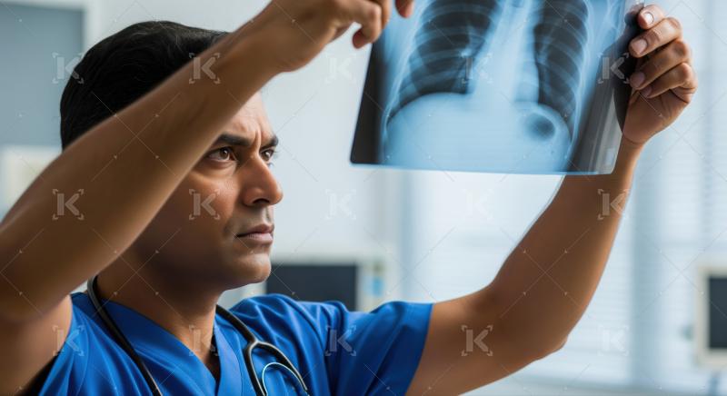 Focused doctor studying patient's X-ray for accurate medical diagnosis.