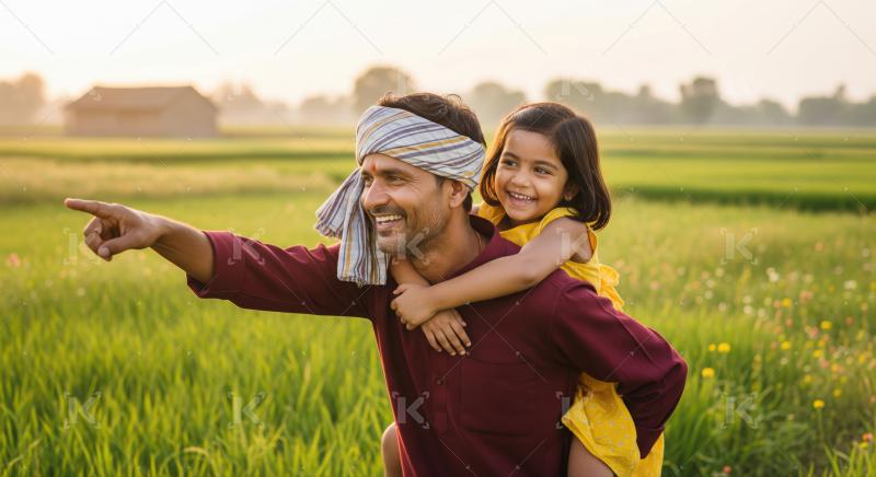 Joyful Indian farmer and daughter exploring a vibrant green field.