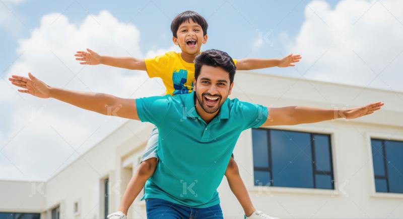 Happy father son duo enjoying playful moment together outside building.