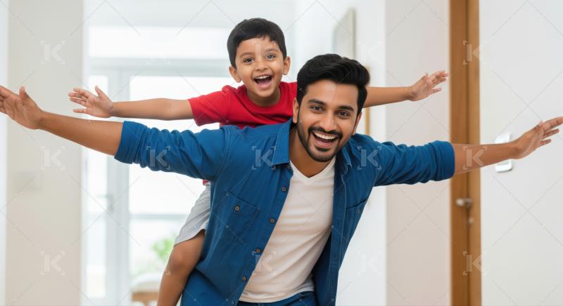 Happy Indian father and son playing together, smiling broadly.