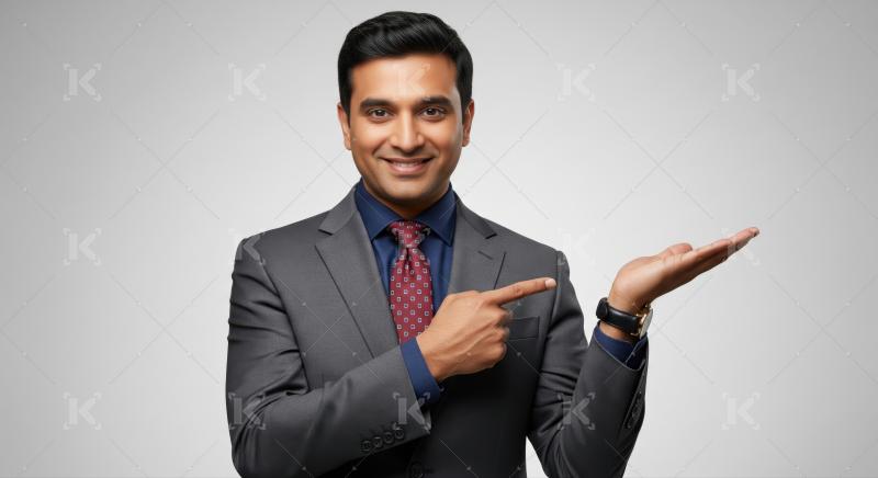 Smiling professional man points to his open palm, presenting solution.