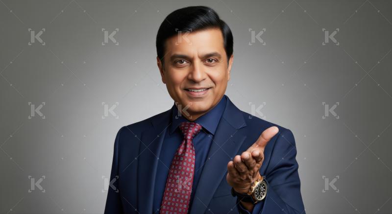 Confident Indian businessman in suit, smiling with a welcoming hand.