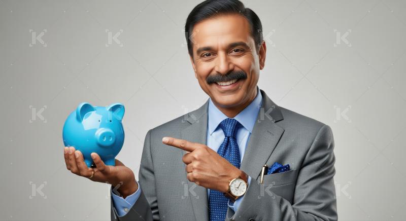 Cheerful businessman showcases financial savings with a vibrant blue piggy bank.