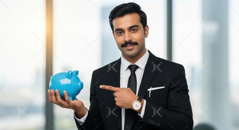 Smiling man points to piggy bank, symbolizing financial savings.