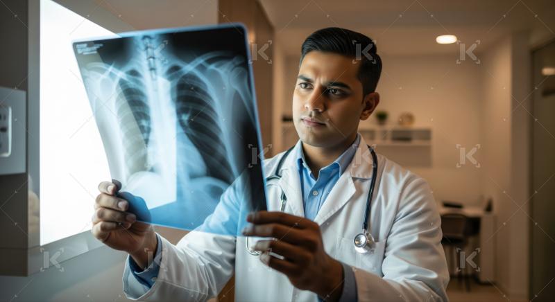 A dedicated doctor carefully reviews radiography film for patient diagnosis.