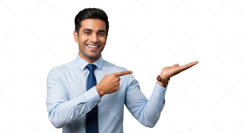 Happy businessman points to his hand, presenting copy space.