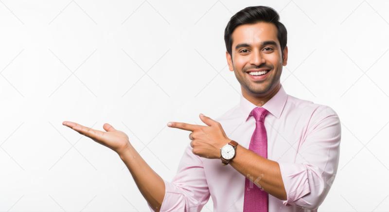 Happy Indian businessman points and shows an empty display area.