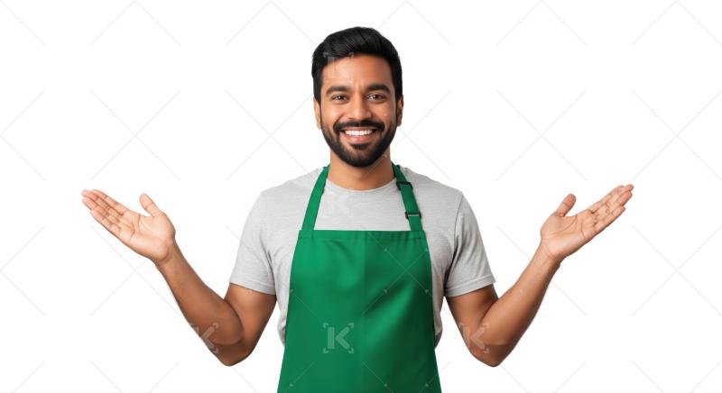 Friendly man in green apron smiles, welcoming with outstretched hands.