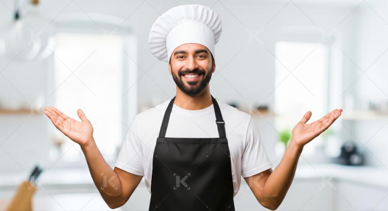 Professional chef smiling, presenting with open hands in a bright kitchen.