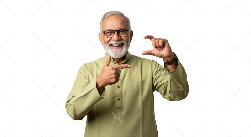 Happy elderly man shows small gesture, pointing confidently.
