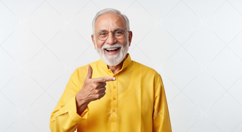 Joyful Indian man pointing left with a radiant smile.