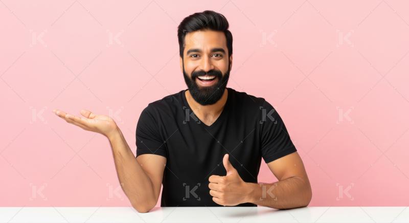 Bearded man joyfully presents and highly recommends with a warm smile.