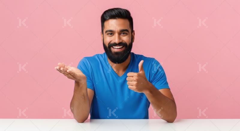 Cheerful man presenting, approving, and showing positive recommendation with thumbs-up.