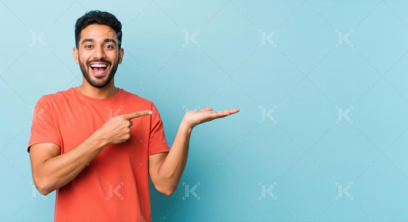 Smiling man enthusiastically pointing to blank copy space.
