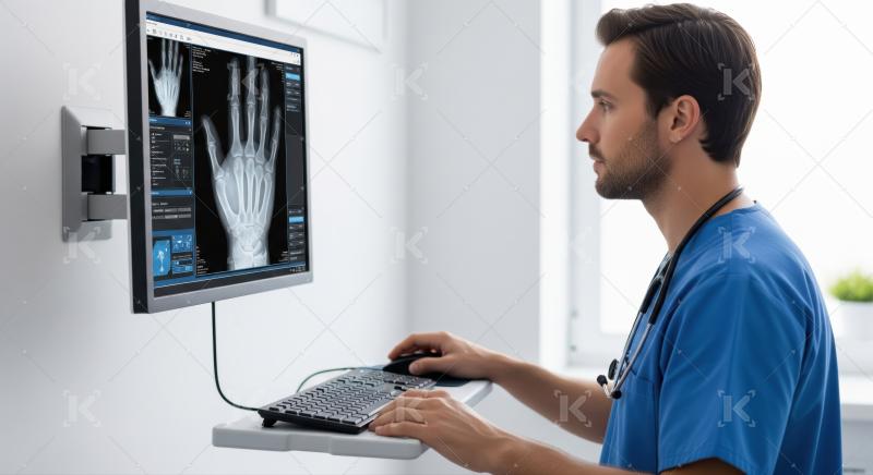Focused medical professional reviews patient's hand X-ray digitally.