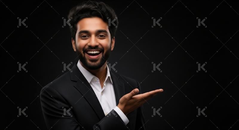 Happy young businessman points with open palm on black background.