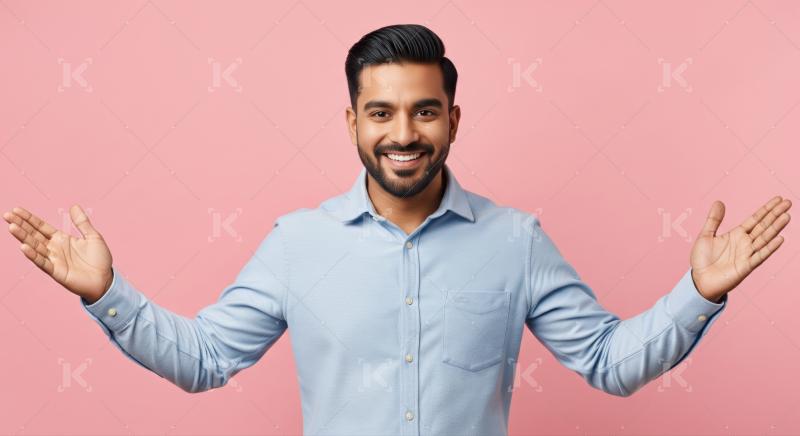 Smiling, confident man presenting offering with open, friendly gesture.