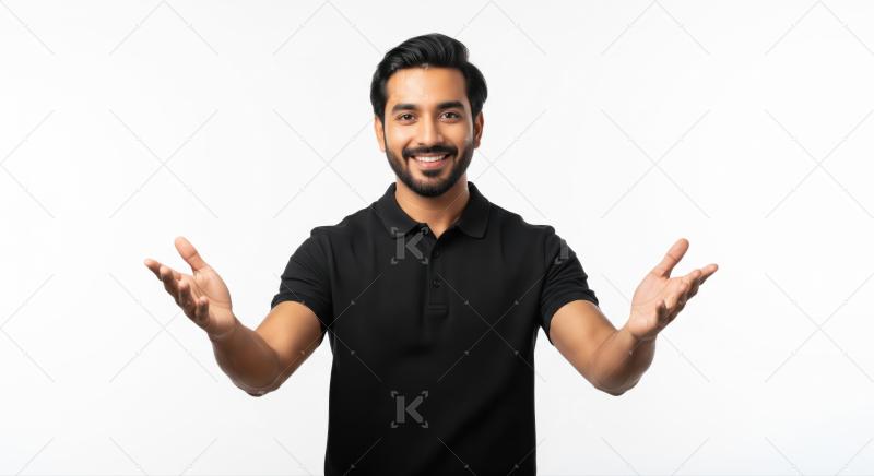 Friendly South Asian man smiles, presenting with open, welcoming hands.