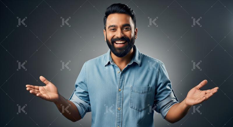 Joyful Indian man with open arms presents happiness.