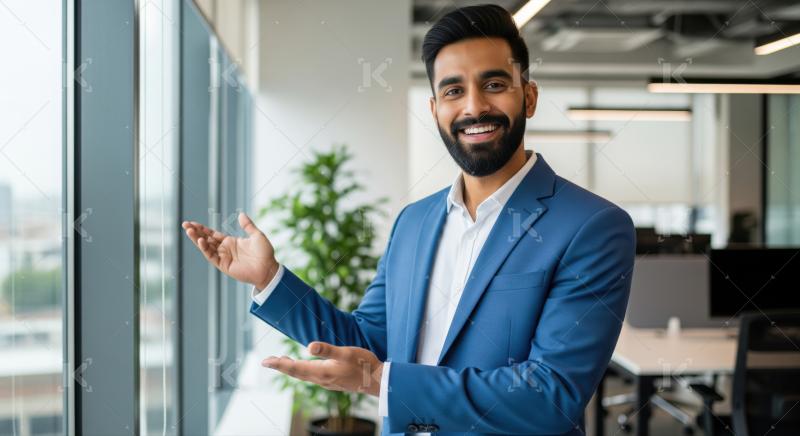 Happy businessman in blue suit presenting in contemporary workspace.