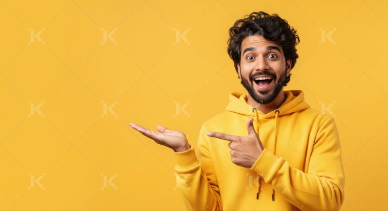 Happy man pointing left, advertising product, looking at camera.