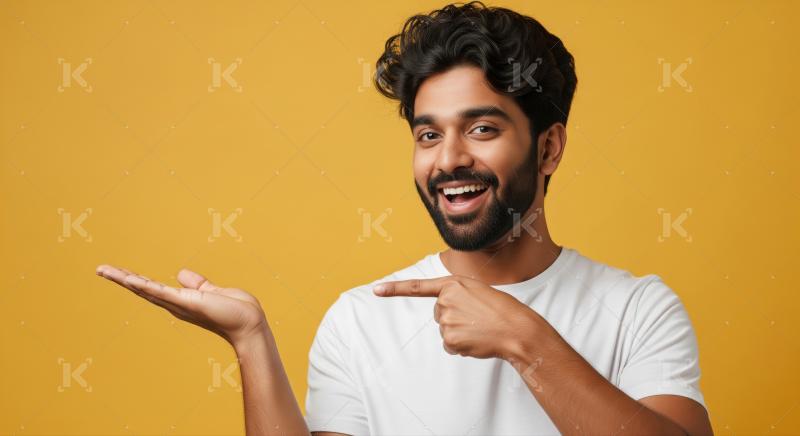 Cheerful Indian man points to his hand, inviting attention.