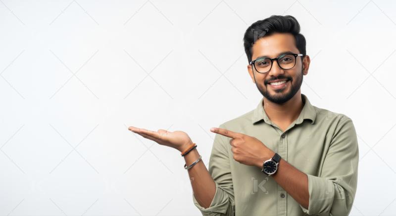 Smiling man with glasses presenting and gesturing on white background.