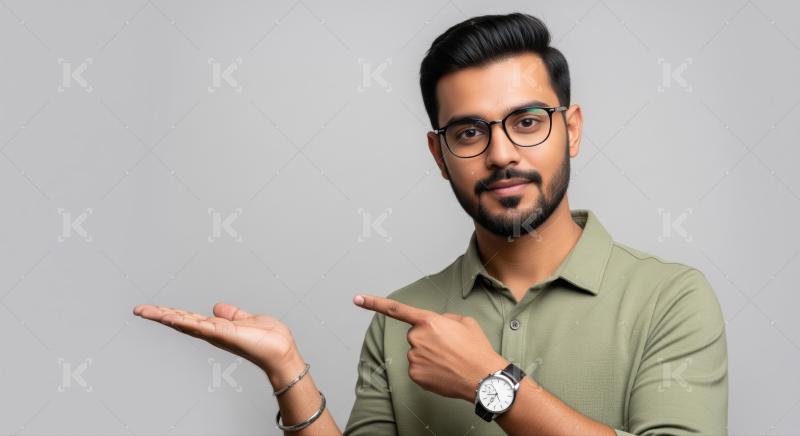 Confident Indian man pointing to his open hand for display.